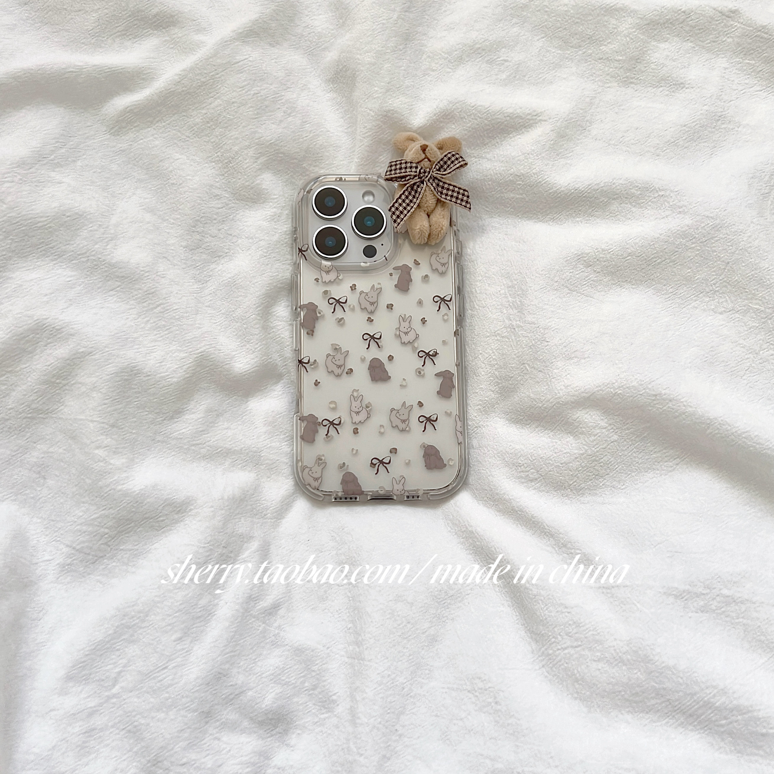 SHERRY*ins风甜美温柔半透蝴蝶结毛绒兔适用于苹果17Pr