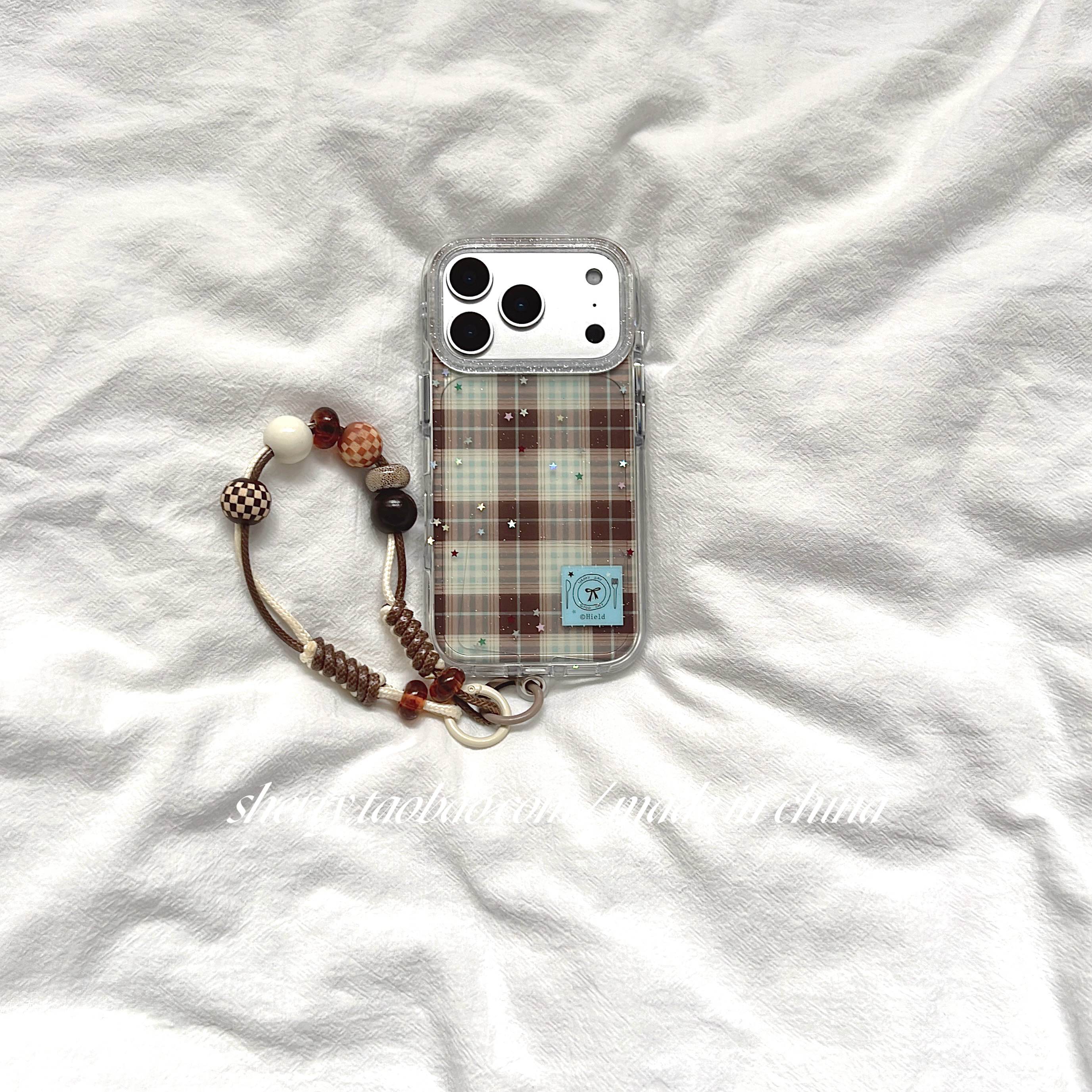 适用苹果16promax手机壳棕格子