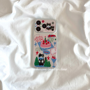 ins风春夏草莓蛋糕黑猫银边适用于苹果17ProMax手机壳iPhone16Pro小众少女心15简约14小清新卡通可爱 SHERRY