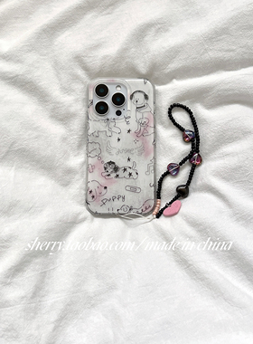 SHERRY*ins风白底粉星黑色线条狗狗可爱适用于苹果16ProMax手机壳iPhone15Pro小众少女心14简约13小清新卡通