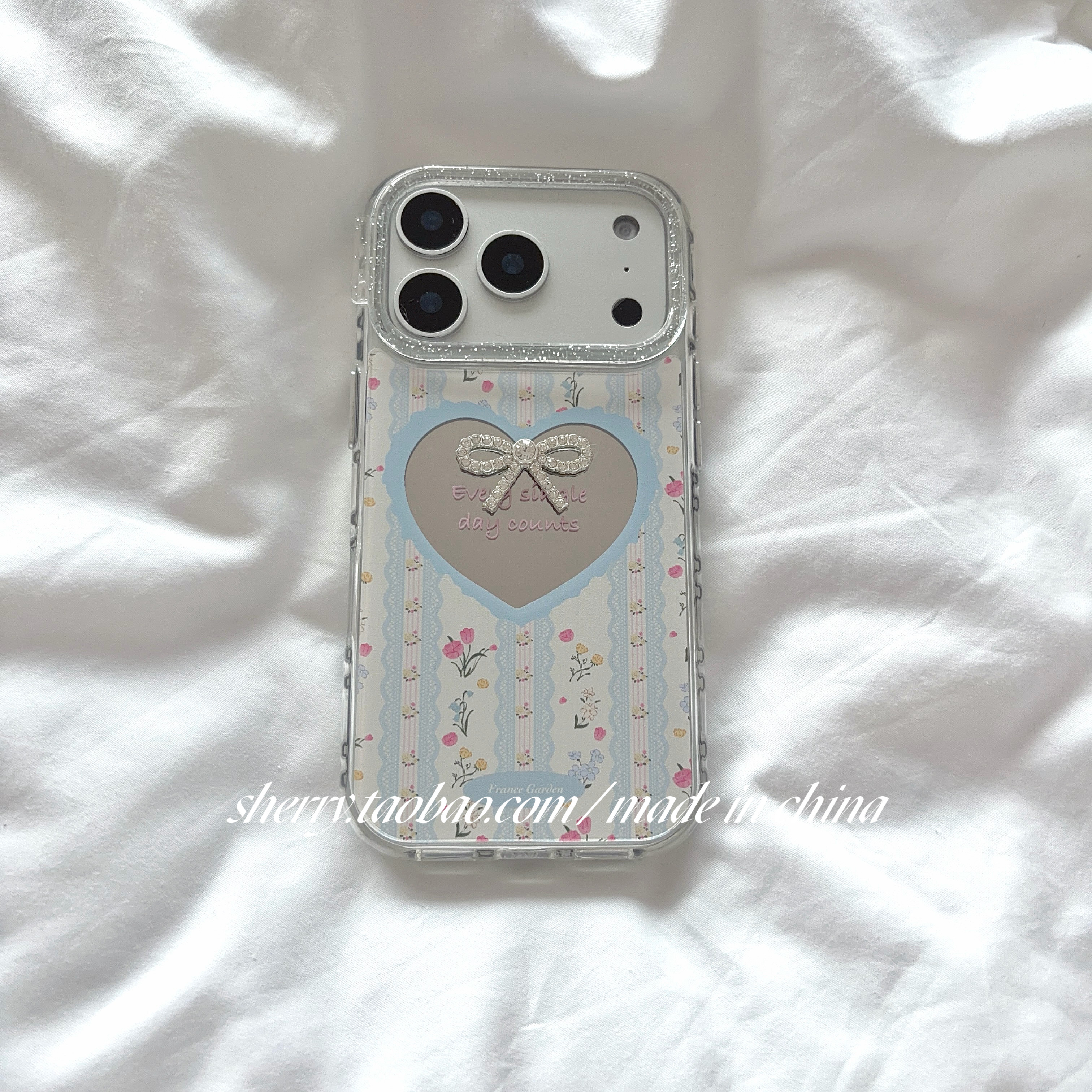 SHERRY*ins风蓝爱心镜面水钻蝴蝶结适用于苹果17ProM