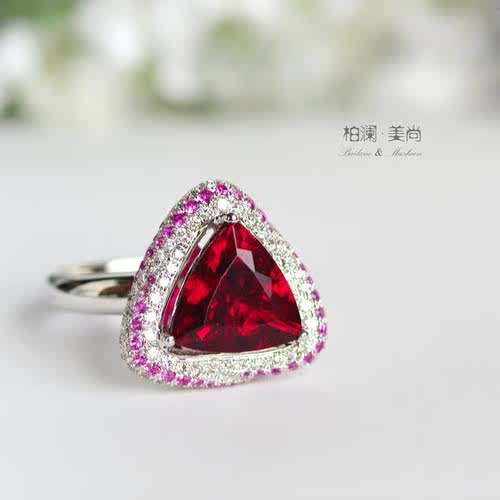 天然纯红色碧玺镶嵌钻石18K戒指