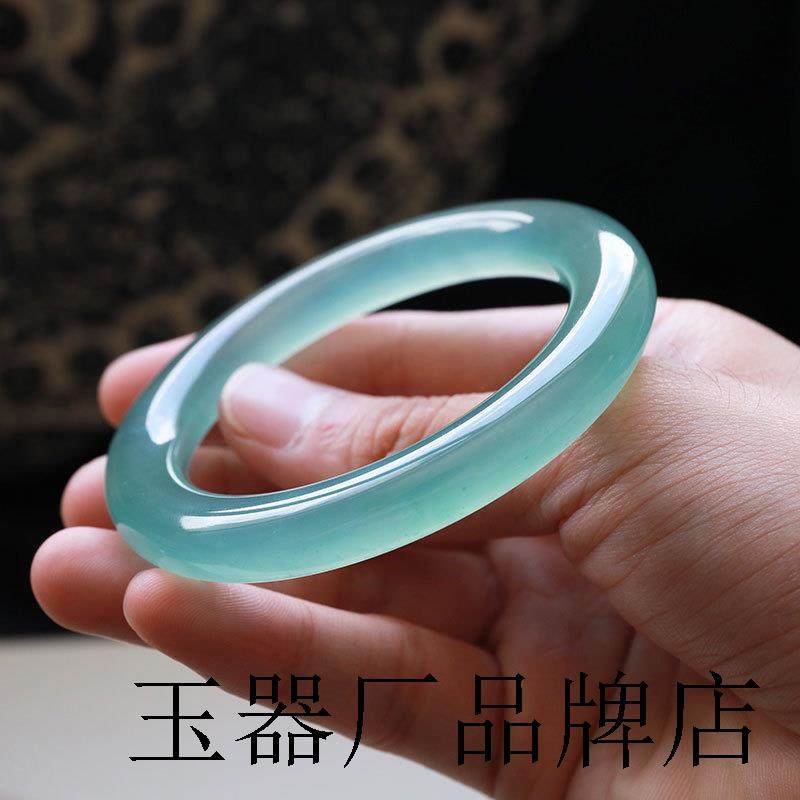 缅甸翡翠天青冻木那高冰晴水岫玉蓝味纯底蓝水危料海宝蓝圆条手镯