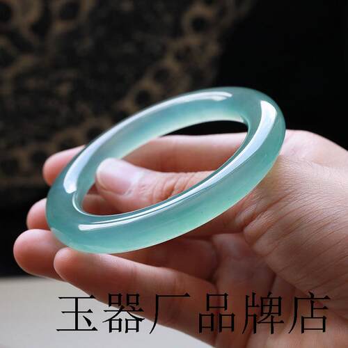 缅甸翡翠天青冻木那高冰晴水岫玉蓝味纯底蓝水危料海宝蓝圆条手镯