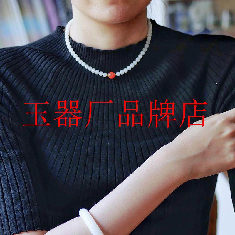 老坑羊脂白玉圆珠锁骨链搭配南红满肉樱桃红和田玉女款小米珠项链