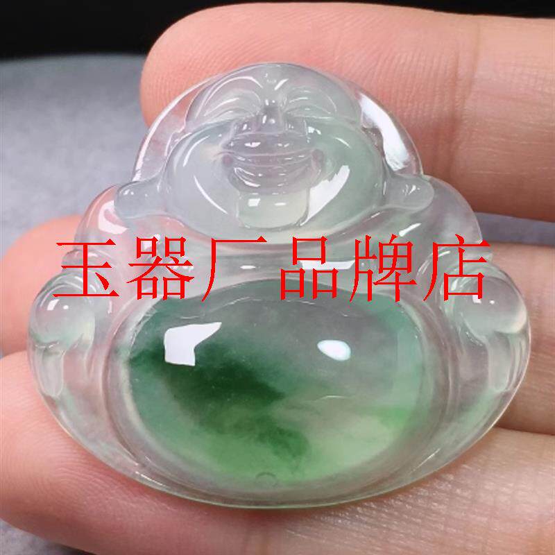 缅甸翡翠色玉佛吊坠冰种飘绿花佛公挂件笑脸锁骨链大肚弥勒佛项链