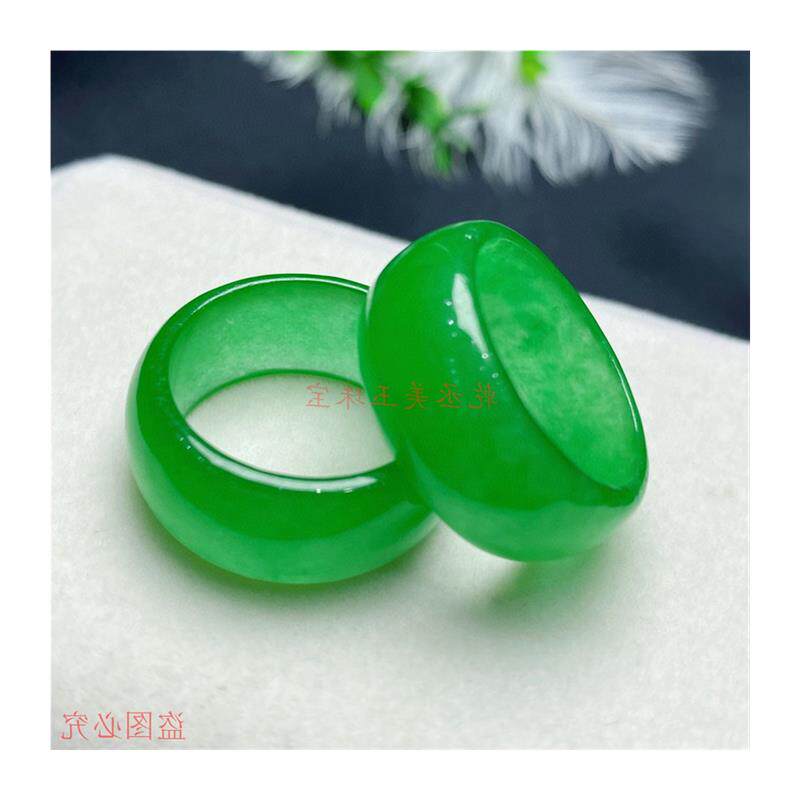 高端缅甸翡翠色冰种飘花辣绿晴水玉石指环阳绿宽边扳指指环男女款