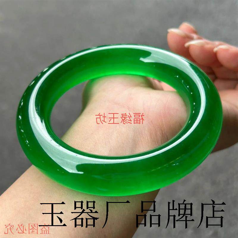 精品高端缅甸老坑翡翠色辣阳绿玉手镯冰种帝王绿胖圆条玉镯子女款