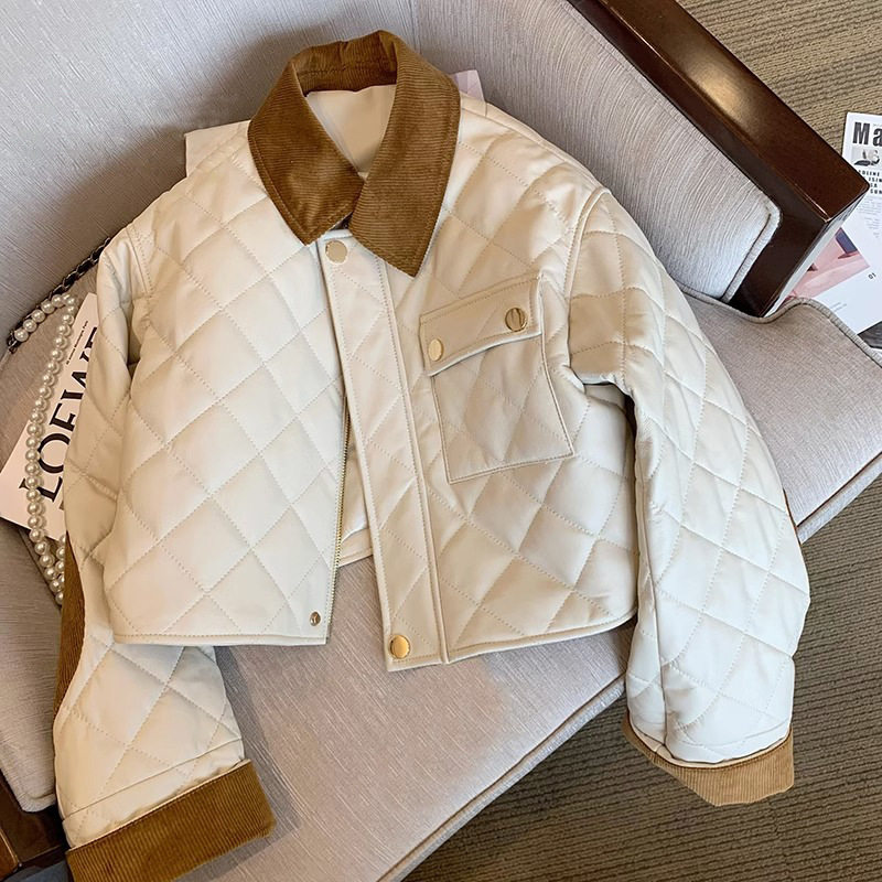 白色菱格子小香风薄款棉衣棉服女