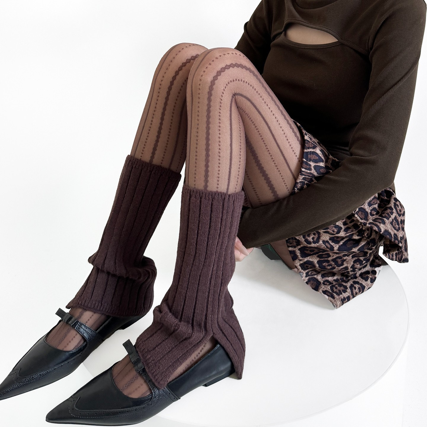 灰点点竖纹miu风复古假透肉咖色菱格提花海妖风镂空加绒连裤袜女