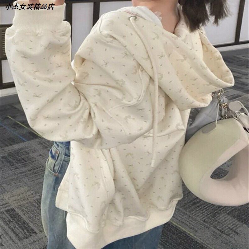 棒球服卫衣新款碎花复古宽松女秋冬韩系休闲慵懒帽衫外套温柔夹克