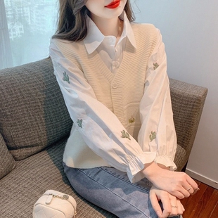 白色衬衫女春装新款小清新泡泡袖上衣+叠穿针织开衫马甲两件套装