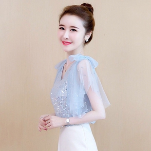 上衣夏季超仙衬衫小衫雪纺女露肩新款洋气蕾丝2026年短袖夏装一字