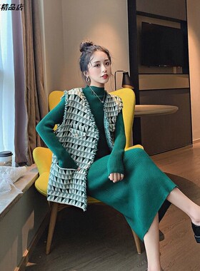 潮小香风针织衫春秋开衫套装气质两件套新款马甲女毛衣裙网红2026