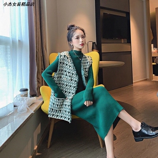 潮小香风针织衫春秋开衫套装气质两件套新款马甲女毛衣裙网红2026