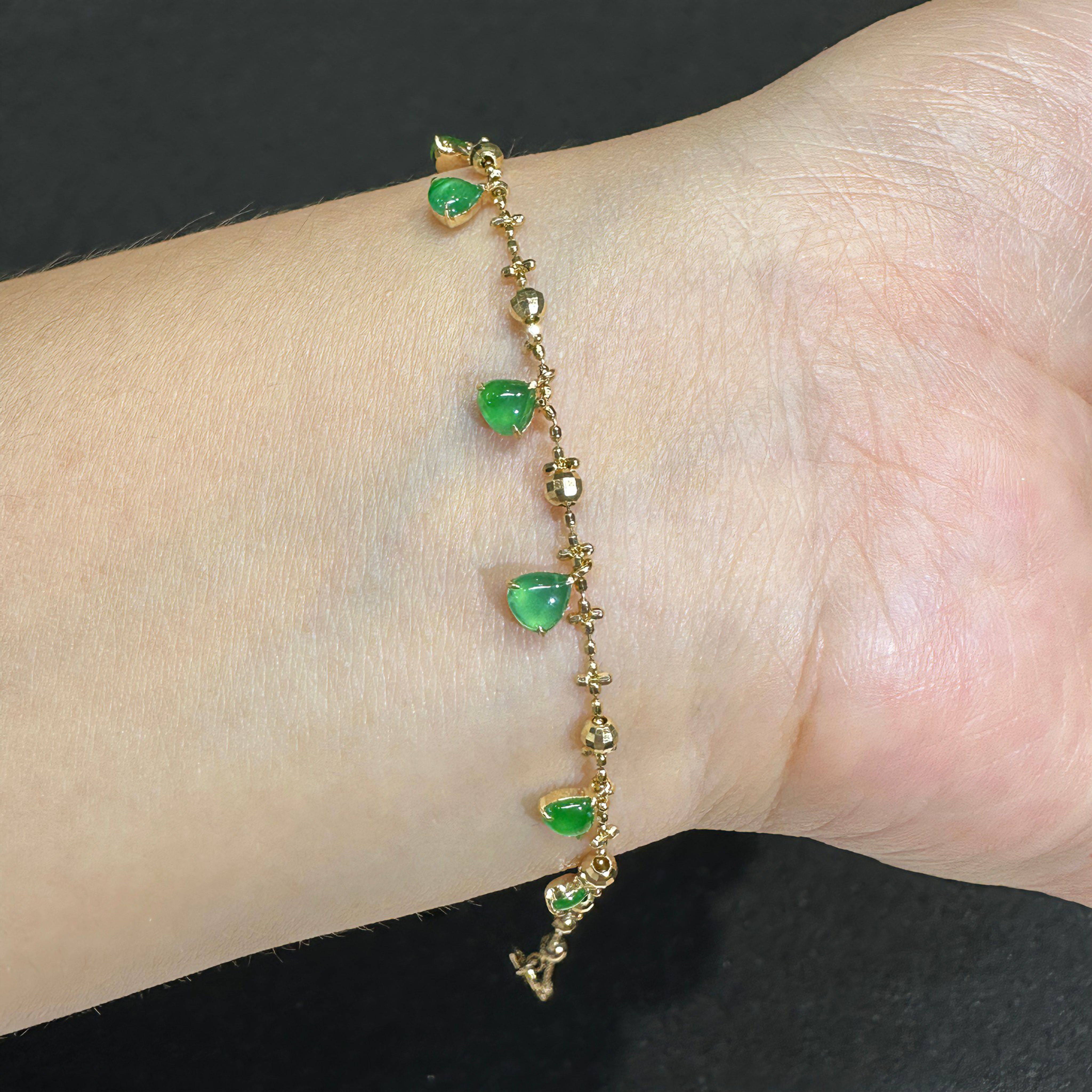 缅甸A货高冰种阳绿翡翠心形手链18k黄金满绿起光水滴翡翠k金手链