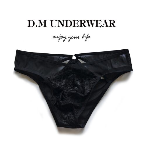 D.M男内裤低腰性感时尚蕾丝三角裤网眼透气情趣缕空透明个性丝滑