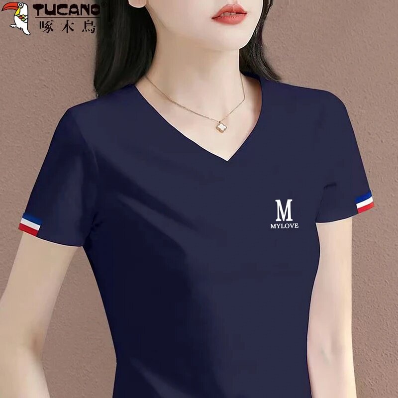 啄木鸟大码女装POLO衫女夏季V领短袖T恤显瘦修身百搭正肩时尚