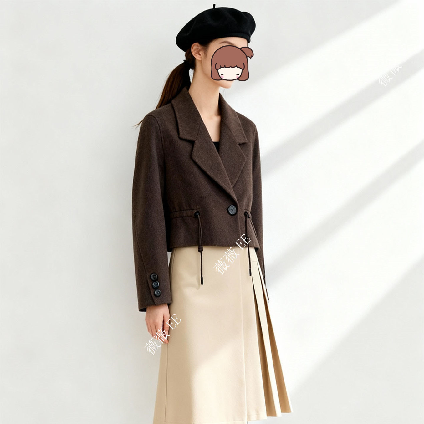 mozi双面羊毛短款呢子外套女25年新款小个子显瘦抽绳收腰秋冬外套