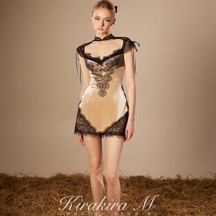 新中式 裸金拼黑蕾丝旗袍风短裙连衣裙 Wonderlust KiraKiraM