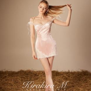 时尚 粉丝绒拼蕾丝一字肩连衣裙 旗袍风 Wonderlust KirakiraM