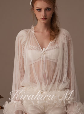 Kirakira M【Amara】白色半透视打褶花边罩衫 防晒服（正反2穿）