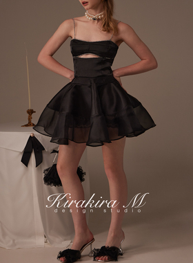 Kirakira M 【Amara】黑色亮钻镂空吊带背心or透纱蕾丝花边大摆裙