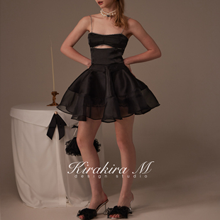 Kirakira M 【Amara】黑色亮钻镂空吊带背心or透纱蕾丝花边大摆裙