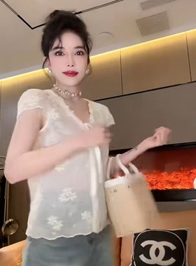 2026夏季新款淑女风V领刺绣蕾丝短袖衬衫白色蝴蝶结系带百搭上衣