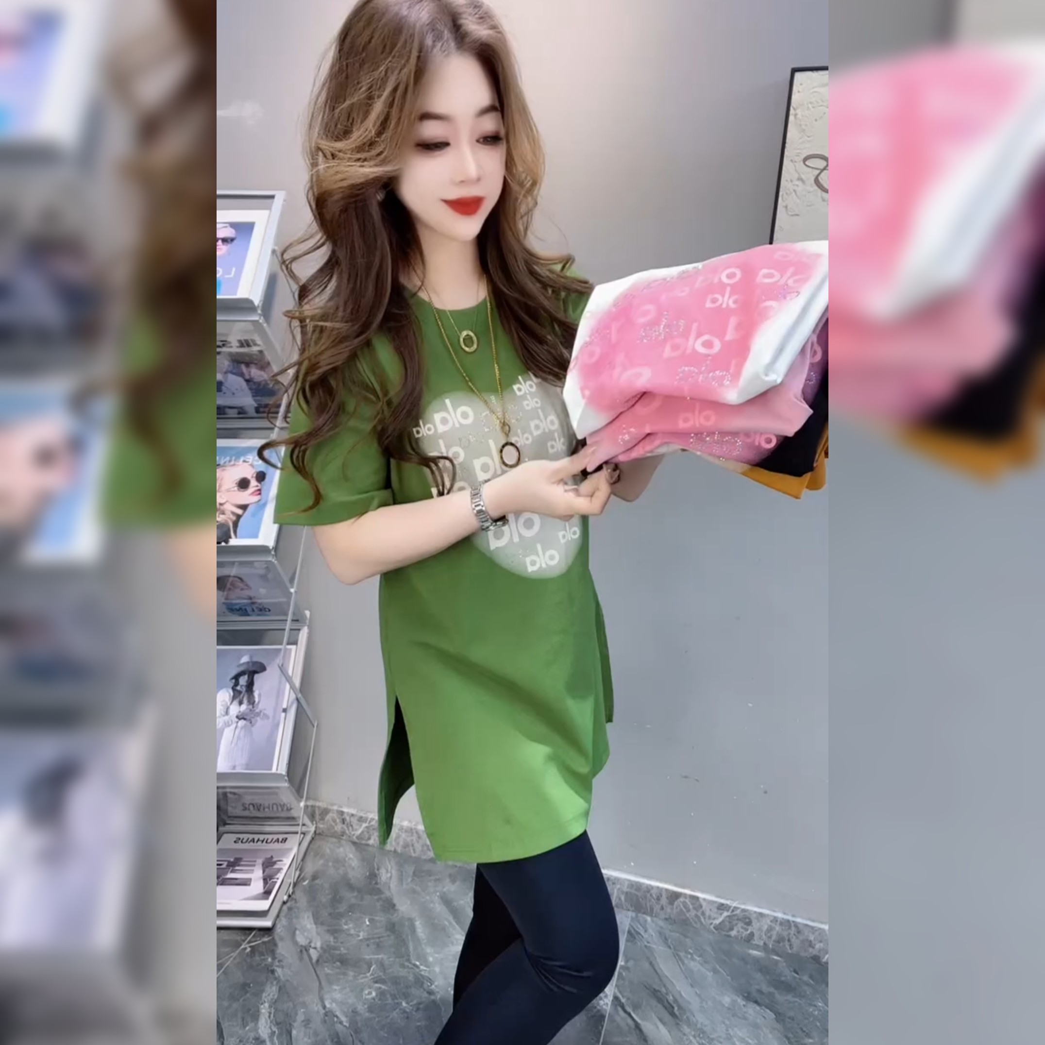 欧货高端气质绿色短袖T恤女夏宽松显瘦中长款上衣大板衫半袖打底