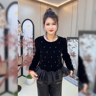 法式轻奢钉珠丝绒衬衫女春秋镶钻荷叶边修身显瘦上衣垂感高端小衫