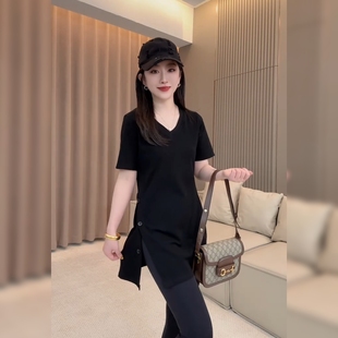 黑色V领短袖T恤女夏新中长款侧开叉宽松遮臀显瘦百搭上衣中款大衫