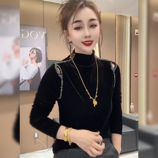 欧货重工钉钻丝绒打底衫女秋冬新时尚洋气修身显瘦内搭长袖上衣潮