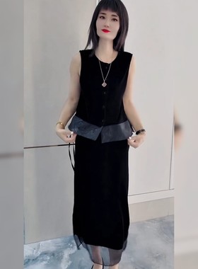 高端无袖丝绒上衣半身裙套装