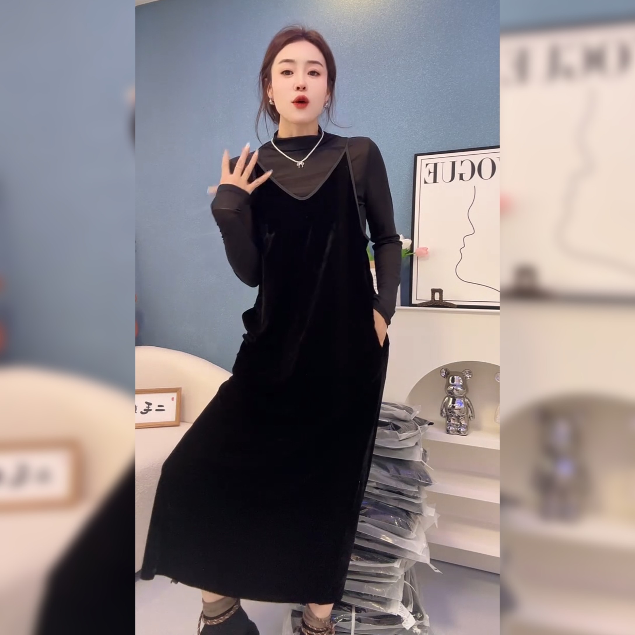 欧货丝绒吊带裙女2025秋时尚气质高端显瘦网纱衫丝绒连衣裙两件套,女装/女士精品,连衣裙,淘宝优惠券,粉丝福利购,淘宝优惠卷