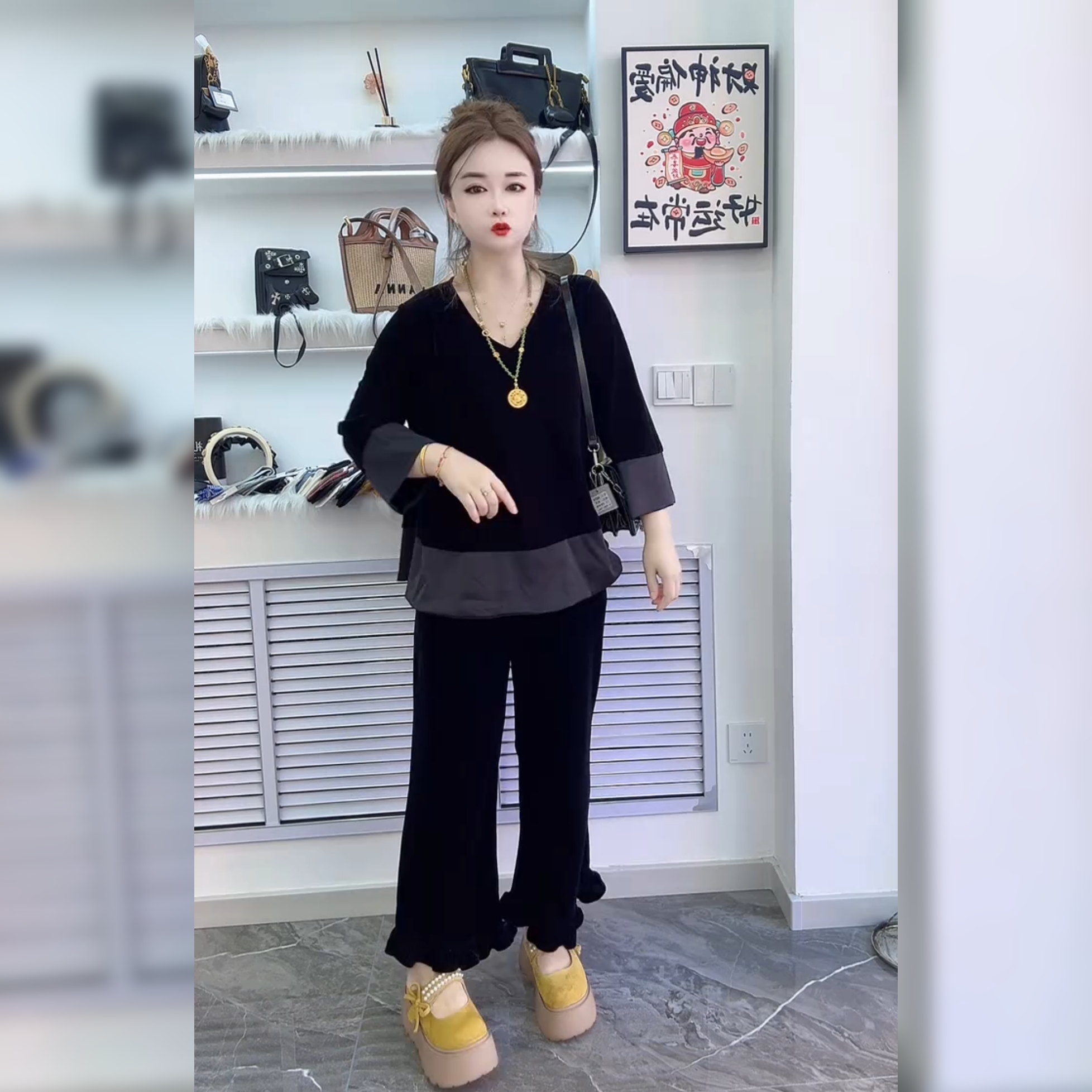 欧货高级感丝绒套装女春新缎面