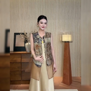 新中式复古印花马甲女无袖中长款系带显瘦雪纺纱拼接叠穿背心外搭