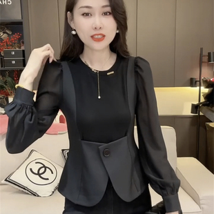 2025春夏秋新长袖雪纺袖拼接针织衫时尚拼接圆领女设计感小众百搭