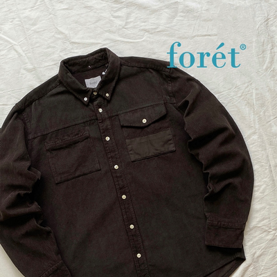 foret深棕拼接多纽扣灯芯绒衬衫