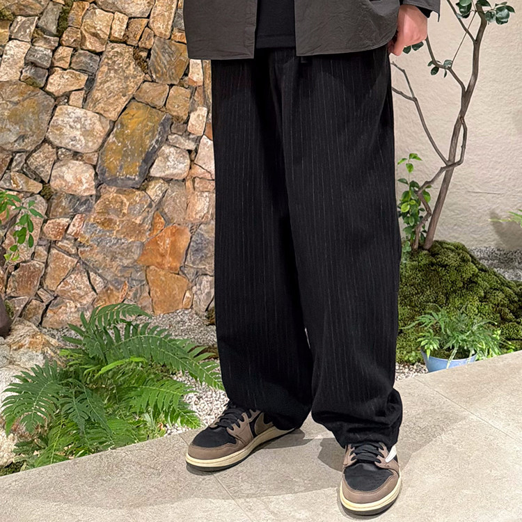 YOKO SAKAMOTO授权 日本制 黑色松紧腰棉质竖纹垂感直筒休闲裤