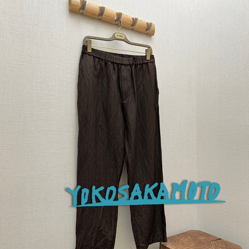 YOKO SAKAMOTO授权 日本制柿染咖啡条纹亚麻混纺松紧腰休闲裤