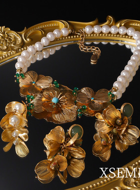 夸张新款新中式金色花朵项链玛瑙天然石耳环复古中国风夸张新娘服