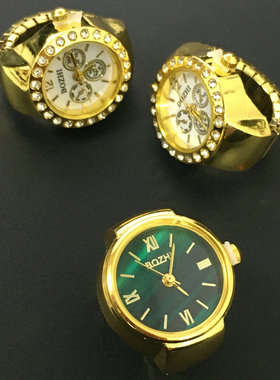 ins时尚个性镶钻经绿面伸缩带纽扣电池女士戒指表欧美配饰跨境货