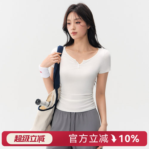 蜜桃女孩V领修身亨利衫瑜伽服短袖跑步运动上衣女显腰健身衣T恤夏
