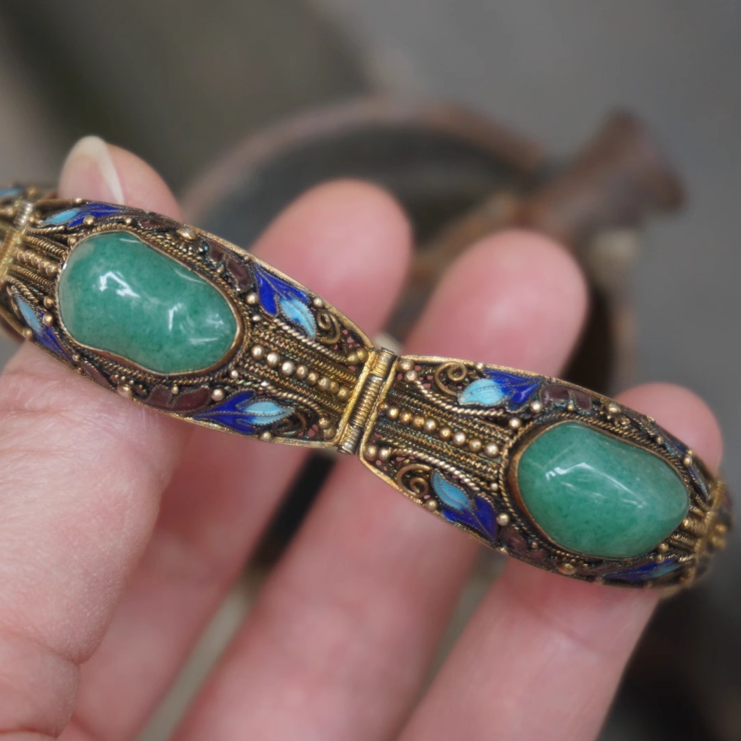 云起。创汇时期精品外销回流花丝镶嵌东陵玉烧蓝老银手排手链手镯