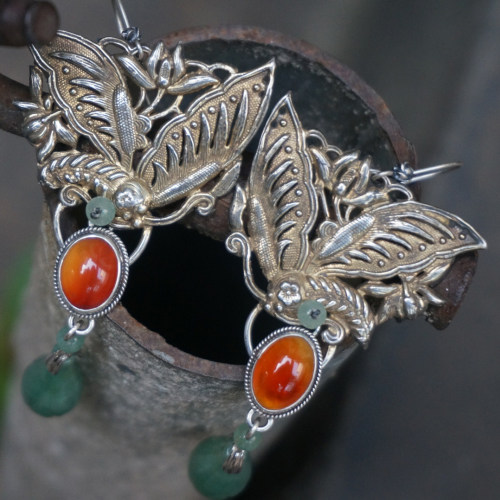 云起设计。清代鎏金老银蝴蝶老玛瑙特色民族个性夸张手工大耳环