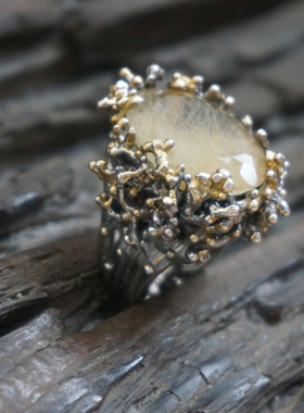 云起原创。黄水晶发晶复古黑金立体个性独特霸气纯银设计款大戒指