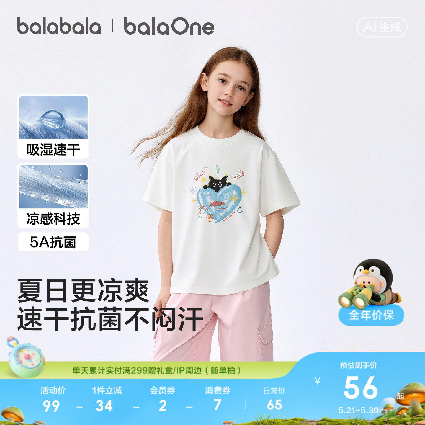 巴拉巴拉童装女童短袖t恤儿童2026新款夏装大童凉茶速干抗菌上衣