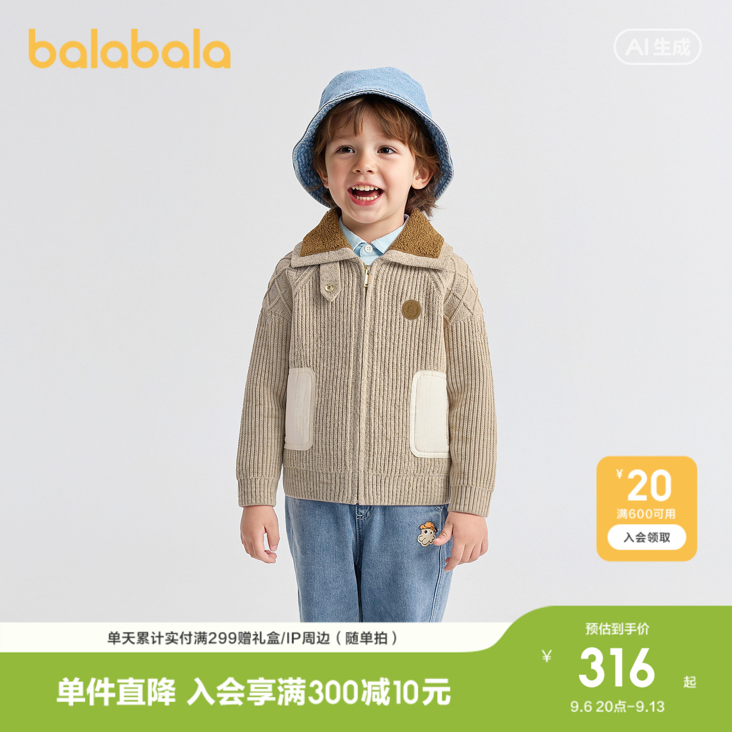 巴拉巴拉毛衫男童撞色翻领针织衫