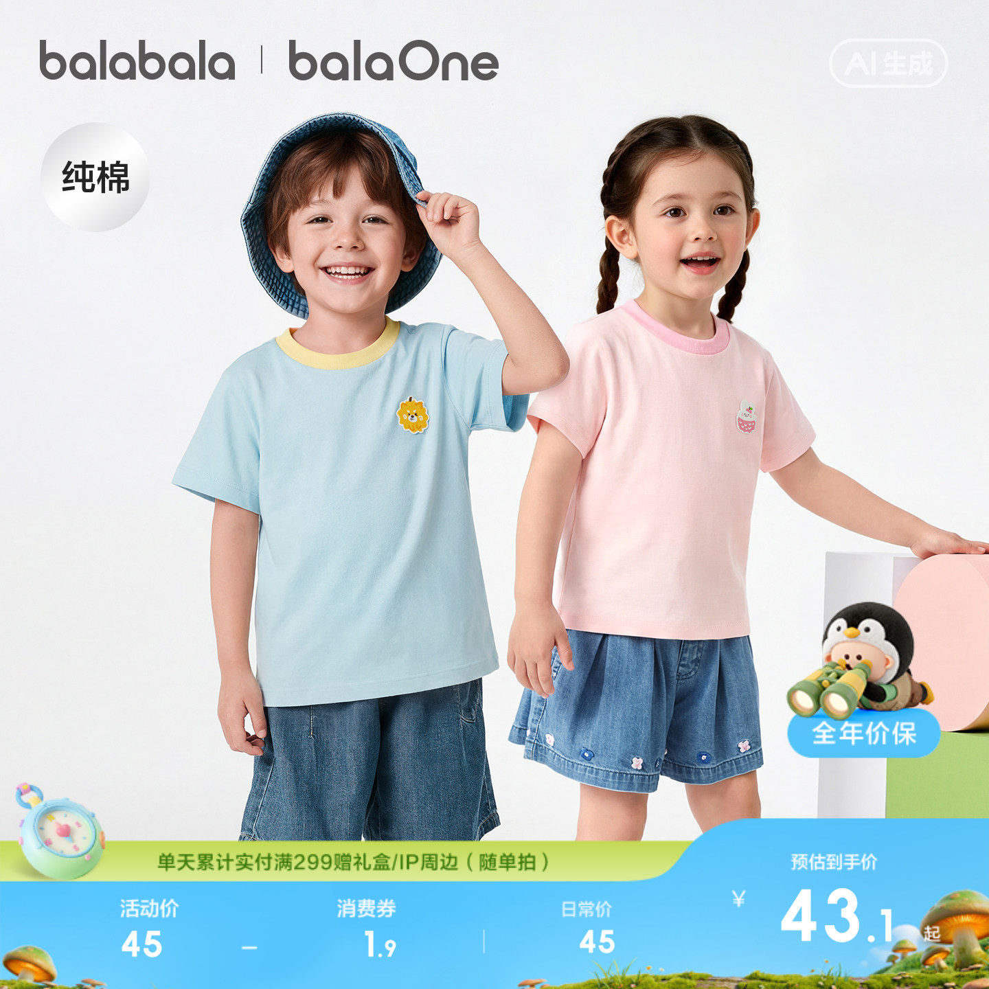 巴拉巴拉童装宝宝短袖t恤男童女童2026新款夏装小童纯色休闲上衣